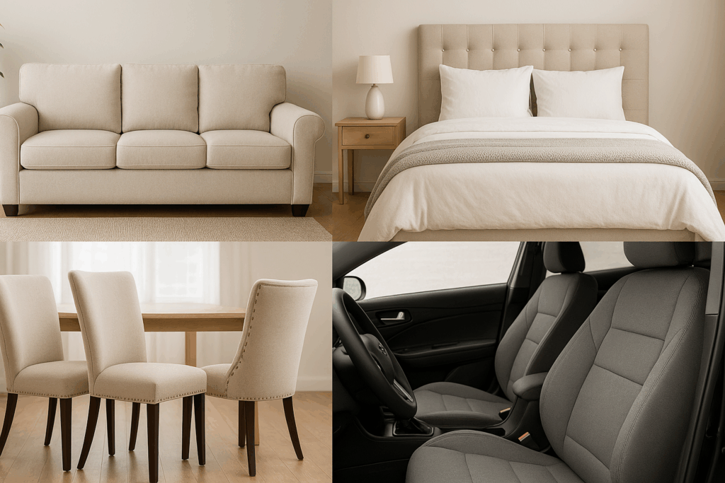 Quatro tipos de estofados – sofá, cama, cadeiras e bancos de carro – higienizados profissionalmente com equipamentos Locvap, mostrando resultado limpo e renovado.