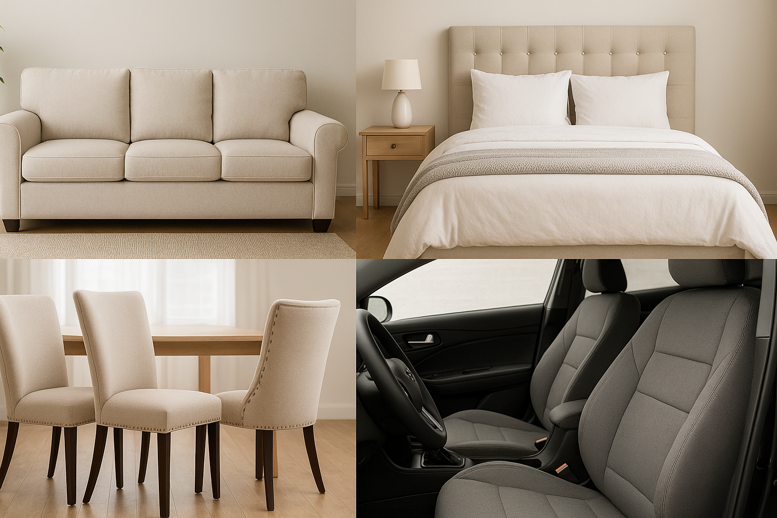 Quatro tipos de estofados – sofá, cama, cadeiras e bancos de carro – higienizados profissionalmente com equipamentos Locvap, mostrando resultado limpo e renovado.