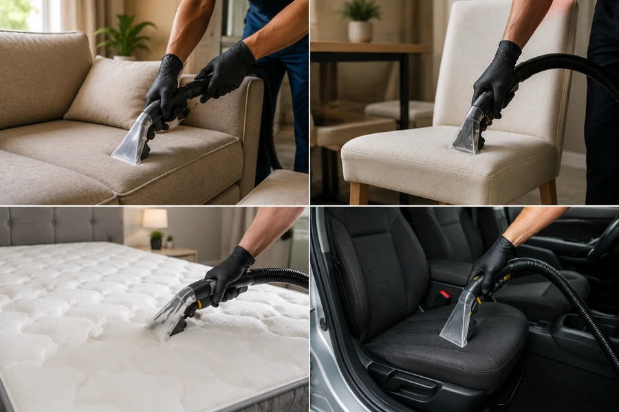 Imagem mostrando limpeza de estofados com extratora em sofá, cadeira, colchão e banco de carro, ideal para higienização profunda em casa.