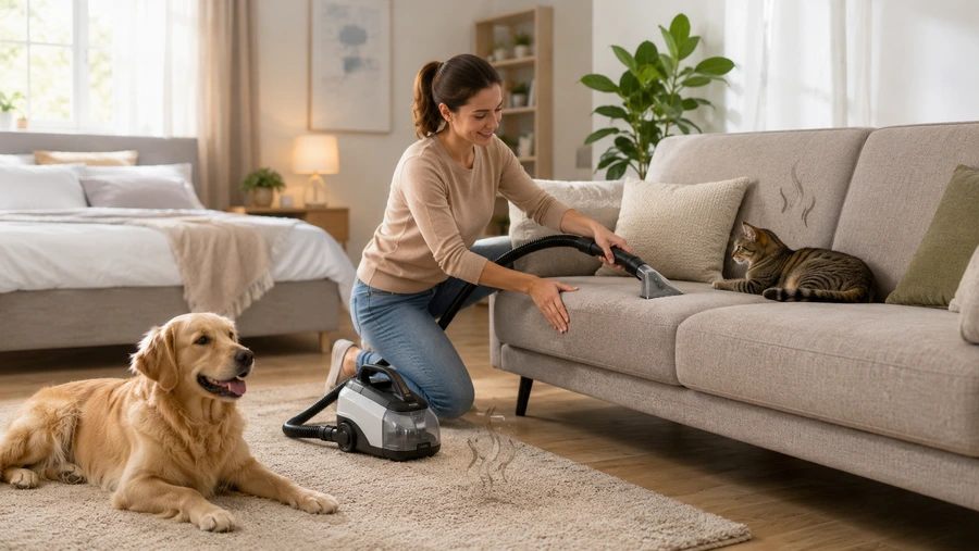 Mulher limpando sofá com extratora enquanto cachorro e gato ficam em ambiente aconchegante, ilustrando limpeza de estofados com odor de xixi de pet.