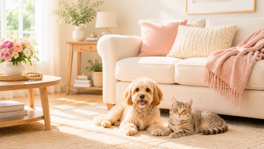 Cachorro e gato em sala limpa com sofá aconchegante, ilustrando aluguel de extratora para limpeza de estofados em São José dos Campos e Jacareí.