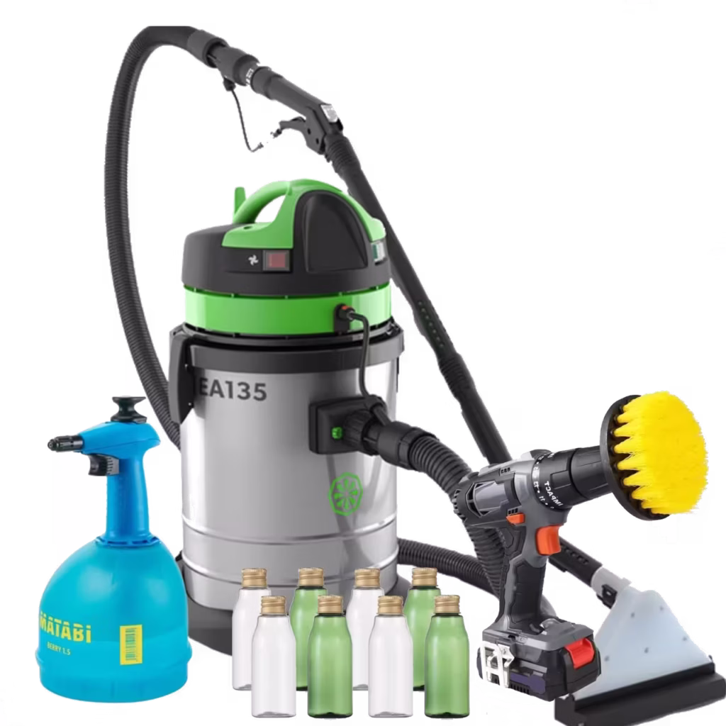 Kit Completo da Locvap com máquina extratora profissional e quatro kits de produtos para limpeza de estofados.