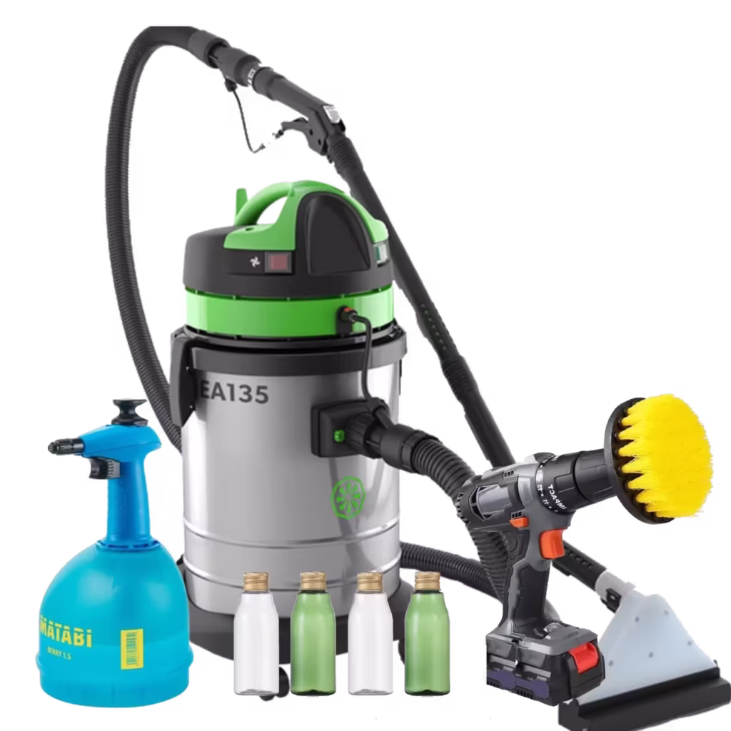 Kit Conforto da Locvap com máquina extratora, escovas e produtos profissionais para limpeza de estofados.